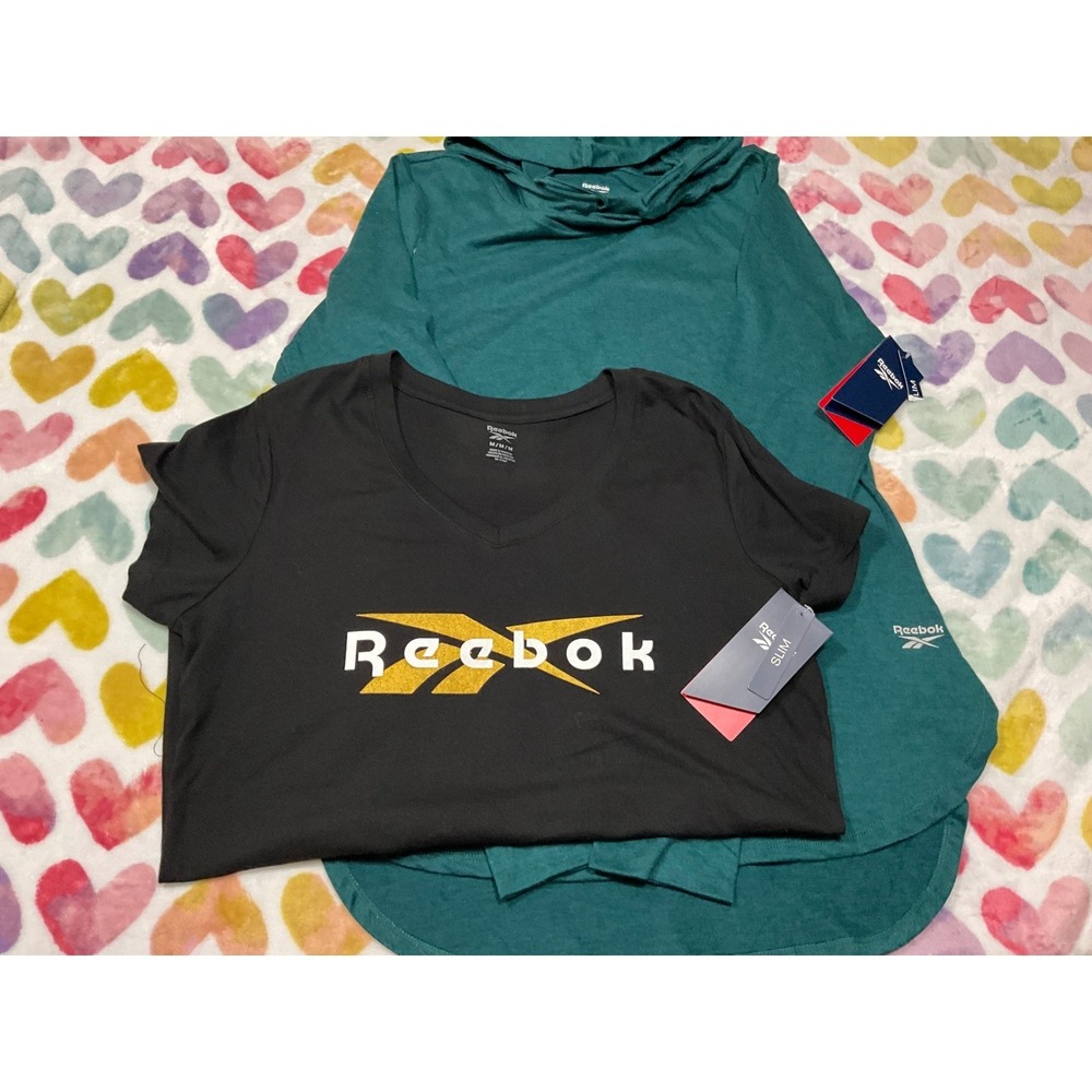 NWT Reebok Womens T Shirt Black Gold Short Sleeve M M Slim Fit Hoodie Green